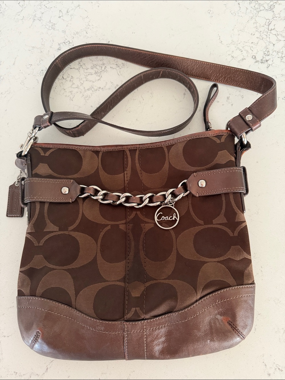 Coach Brown Signature Chain-Accent Crossbody